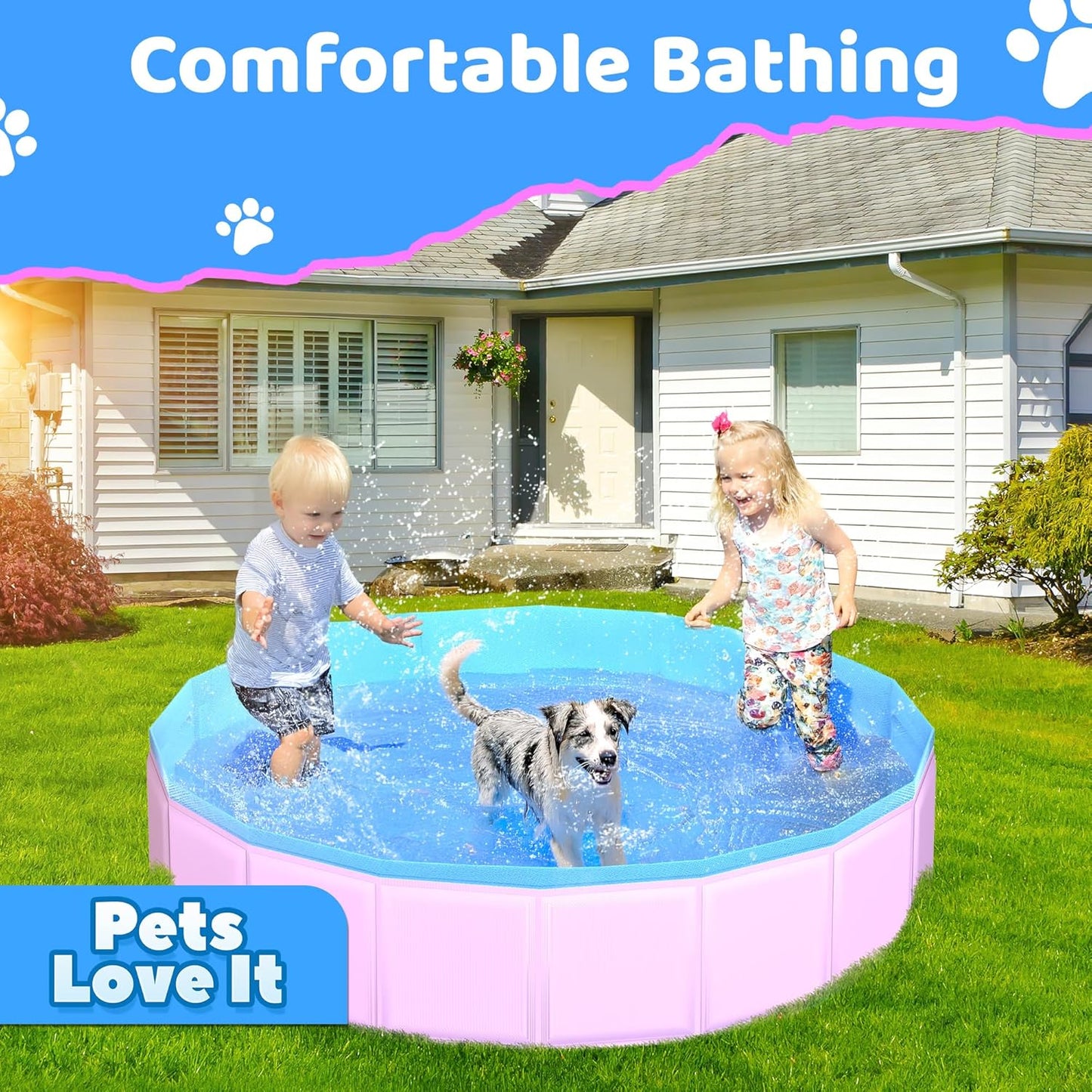 2025 Updated Foldable Dog Pool, 63" x 12" Kiddie Pool with Hard Plastic, Non-Slip Dog Bath Tub for Outdoor Backyard, Collapsible Dog Swimming Pool for Kids Dogs Pets (Pink)