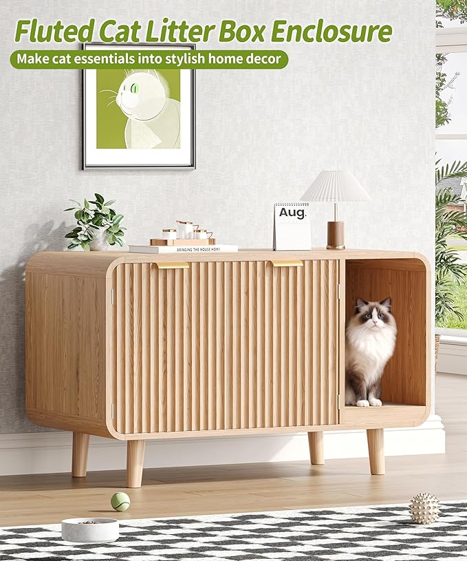 Fluted Cat Litter Box Enclosure with Solid Wood Legs, Hidden Cat Litter Cabinet, Modern Cat House Furniture, Reduce Litter Tracking, 31.5 x 19.7 x 22 Inches, for Living Room, Bedroom, Oak