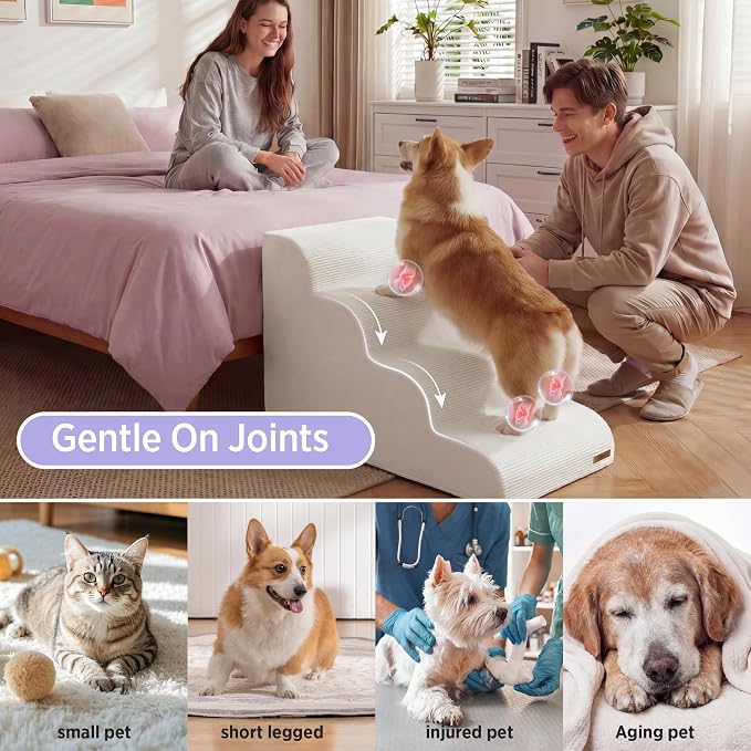 LE SURE Dog Stairs for Small Dogs Pet Steps Ramp for High Bed and Couch with CertiPUR-US Certified Foam with Non-Slip Bottom, Beige, 4 Steps