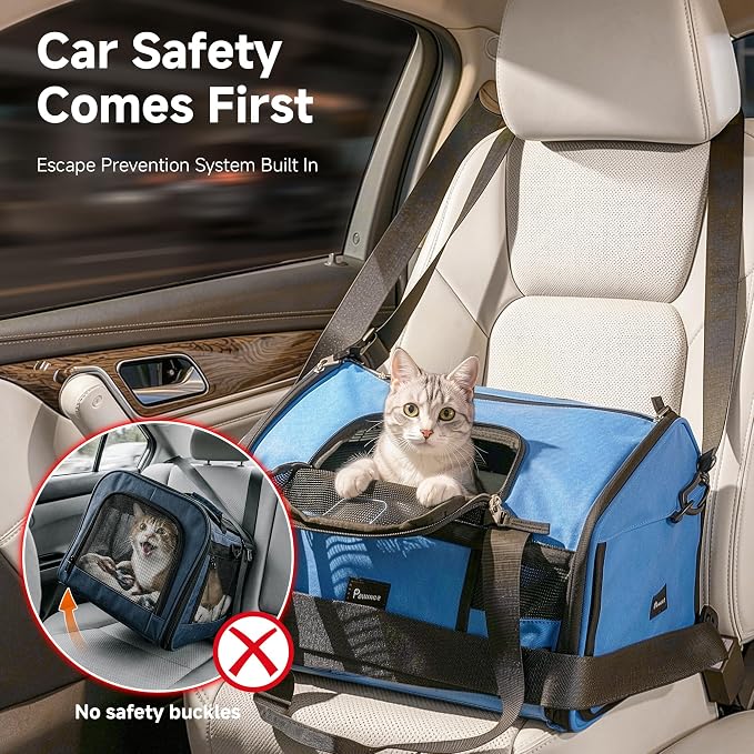 Soft-Sided Travel Cat Carrier with Safety Buckles, Lockable Zippers & Safety Tether, Escape-Proof Collapsible Pet Carrier for Car Rides & Vet Visits, Airline Approved Underseat, Up to 12lbs