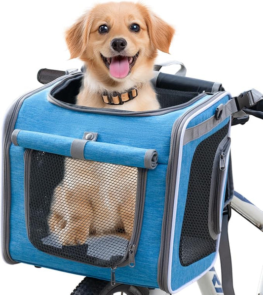 Dog Bike Basket, Expandable Soft Edge Pet Carrier Backpack, Foldable Dog Bicycle Carriers with 4 Mesh Windows, for Medium Cats&Dogs, Suitable for Cross Shaped, Shoulder and Car Seats (Blue)