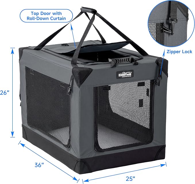 EliteField 4-Door Folding Soft Dog Crate (2-Year Warranty) with Aluminum Frame, Top Curtain, Carrying Bag, and Fleece Bed, Indoor & Outdoor Pet Home (36" L x 25" W x 26" H, Gray)