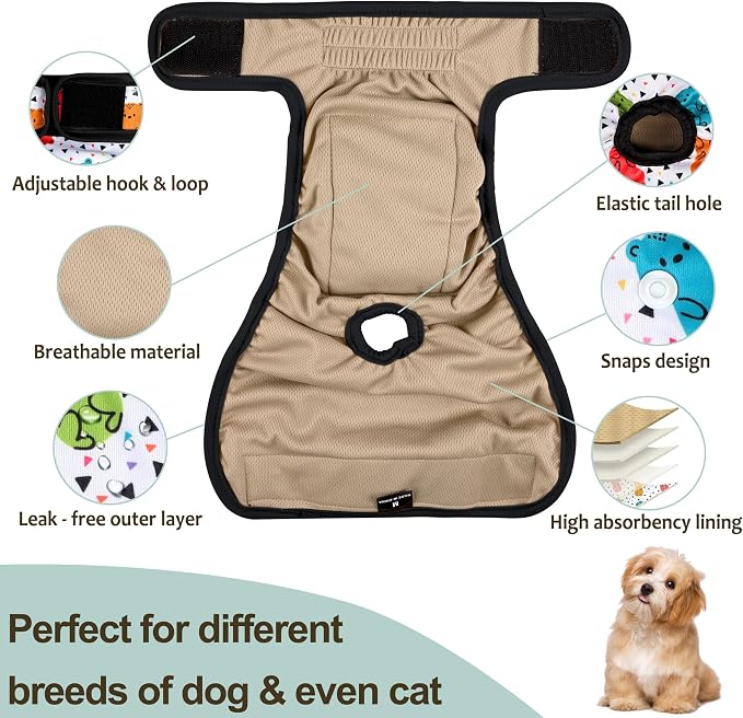 Washable Female Dog Diapers - Premium Reusable Diapers for Doggie in Heat - Highly Absorbent Dog Diapers Female for Pet Incontinence with Adjustable Snaps(Animals, XL)