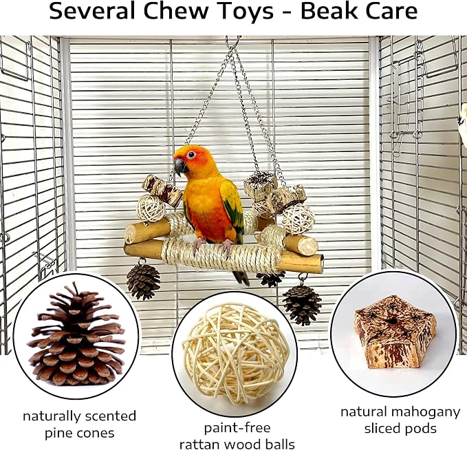 Natural Wood Bird Perch Stand & Large Bird Swing with Chew Toys, Intelligence Puzzle Platform and 3 Sisal-Wrapped Perches for Conure Cockatiel