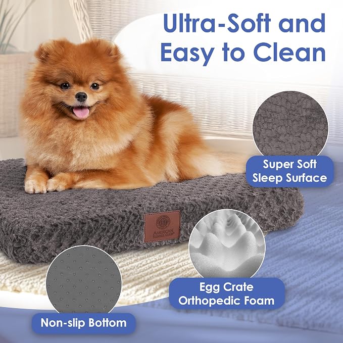 American Kennel Club Orthopedic Memory Foam Dog Crate Mat, Egg Crate Foam Cushion, Washable Cover, Non-Slip Base, Eases Joint Pain, Breathable, Durable, 24x19, Gray