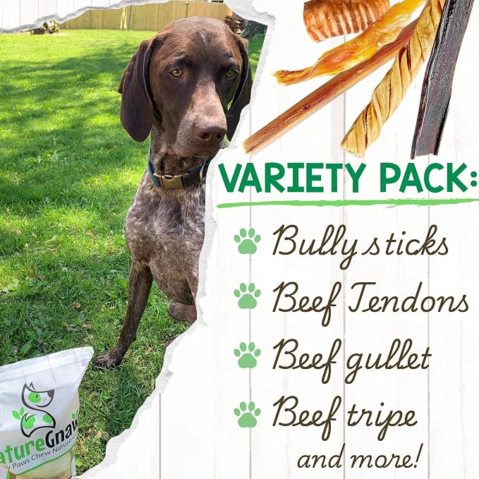 Nature Gnaws Variety Pack for Large Dogs (12 Count) - Bully Sticks, Beef Tendons and Tripe Twists for Dogs - Natural Long Lasting Beef Dog Chew Bones - Rawhide Free