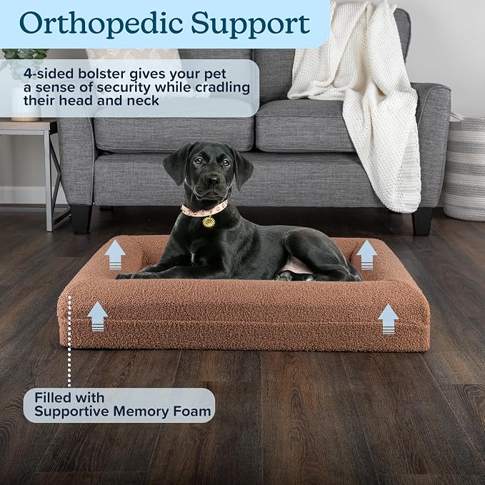 Orthopedic Dog Bed - 33in Medium Dog Bed with Supportive Bolster, Nonslip Bottom, and Removable Washable Cover - Memory Foam Puppy Bed for Medium Dogs - Dog Products by PETMAKER (Brown)
