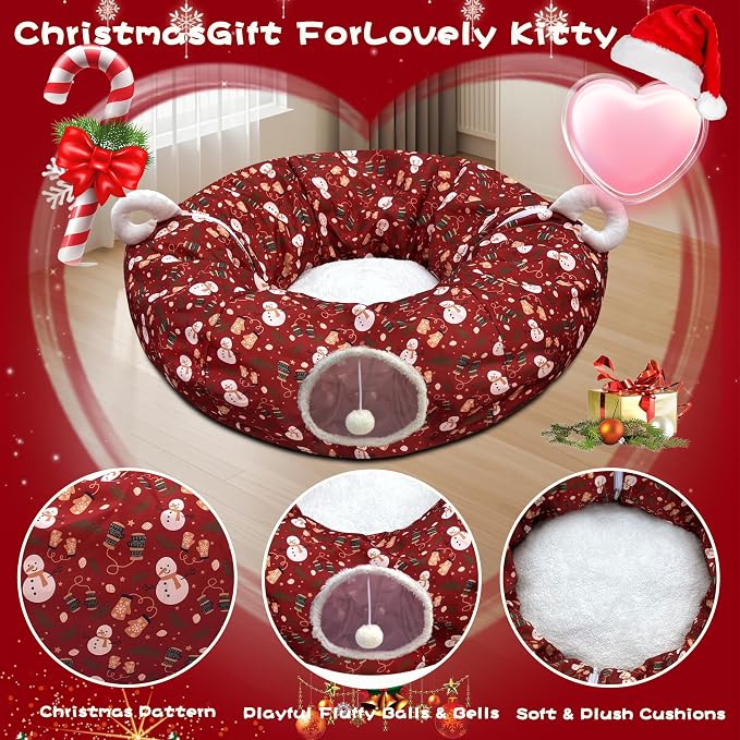 Cat Tunnel Bed in 3FT x 3FT x 9.8IN - Decorative Christmas Style with Snowman and Glove Patterns - Red Color Perfect for Festive Felines