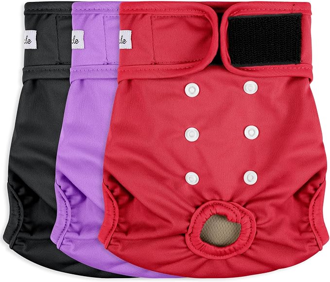 Female Dog Diapers - Reusable Diapers for Doggie in Heat - Highly Absorbent for Pet Incontinence with Adjustable Snaps (Pack of 3) Red Black Purple, L