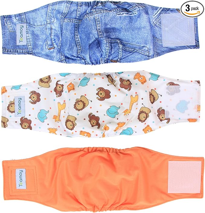 Teamoy Reusable Wrap Diapers for Male Dogs, Washable Puppy Belly Band Pack of 3 (S, 10"-13" Waist, Orange+ Denim+ Fat Smile)