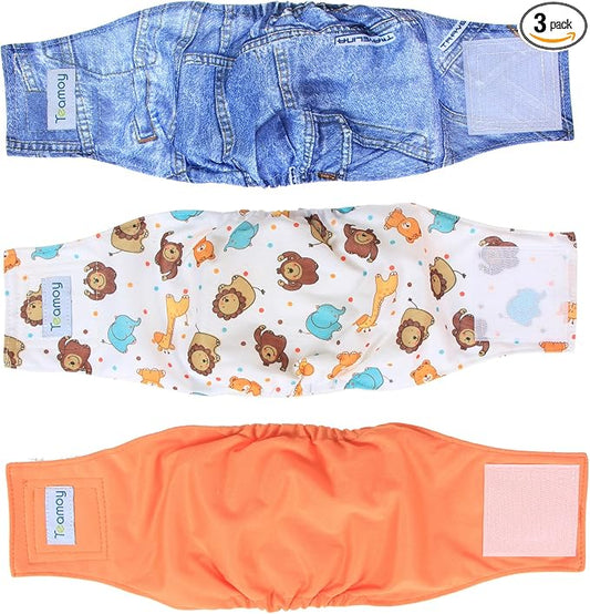 Teamoy Reusable Wrap Diapers for Male Dogs, Washable Puppy Belly Band Pack of 3 (S, 10"-13" Waist, Orange+ Denim+ Fat Smile)