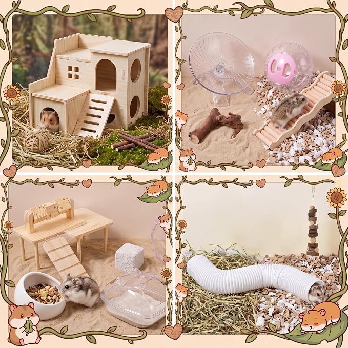 Leitee 30 Pcs Hamster Cage Accessories, Chew Toys for Guinea Pig, Chinchillas, Gerbils, Mice, Rats, Rabbit, Silent Wheel with 15 Chew Toys Set, Maze Wood House, Mouse Tunnel Tube and Sand Bath Box Set