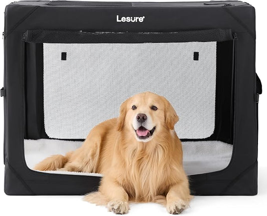 Lesure Collapsible Dog Crate - Portable Travel Kennel for Extra Large Dog, 4-Door Pet Crate with Mesh Windows, Indoor & Outdoor, Black