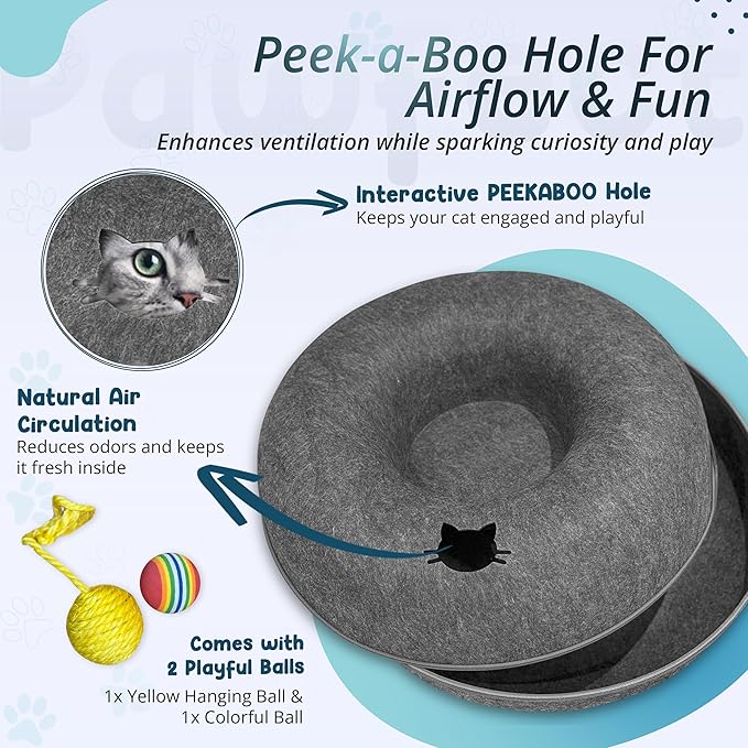 MeowMates Peekaboo Cat Cave Donut Bed for Multiple Cats Upto 45lbs, 3-in-1 Large Cat Tunnel & Donut Bed Combo w Round Tunnel Scratcher for Indoor Cats, Hanging Toy, Washable & Detachable - Dark Grey