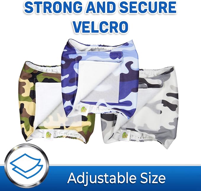 PET MAGASIN Male Dog Belly Bands Washable - Reusable Dog Diapers Male for Small Medium Large Dogs - Adjustable Wraps for Incontinence & Training - Pack of 3 (Camo, Small (13"-15" Waist))
