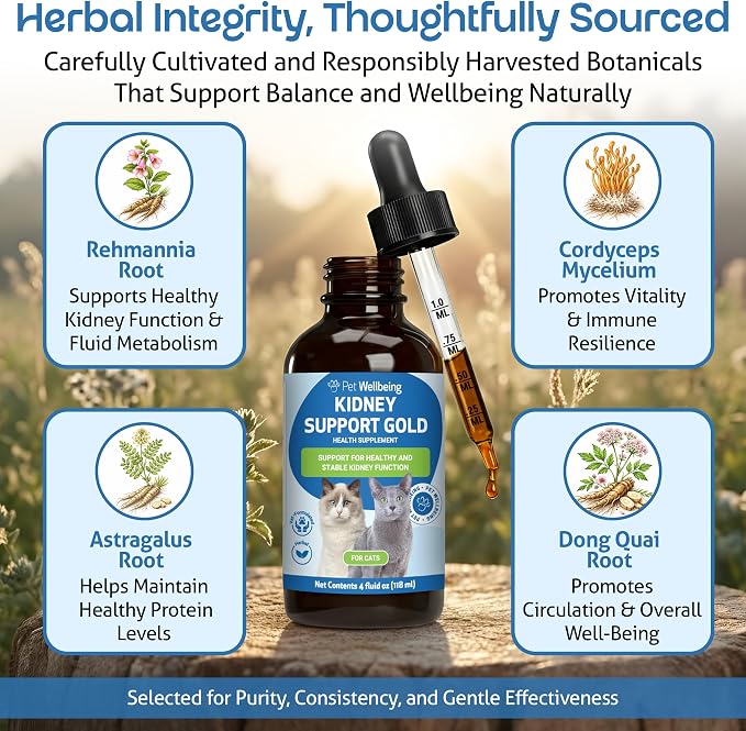 Pet Wellbeing Kidney Support Gold for Cats - Supports Normal Kidney Function & Detox, Healthy Hydration & Energy with Rehmannia & Dong Quai - NASC Certified & Vet-Formulated - 4 oz Liquid Formula