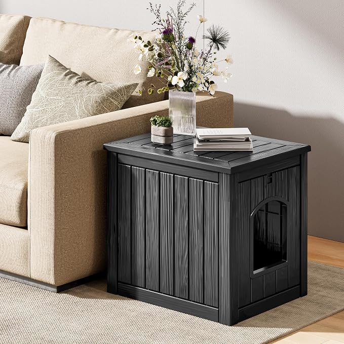Cat Litter Box Enclosure, Resin Hidden Litter Box Furniture Side Table with Openable Front Door, Weatherproof Indoor & Outdoor Cat Litter Box Cabinet, Raised Floor, Easy to Clean & Assemble, Black