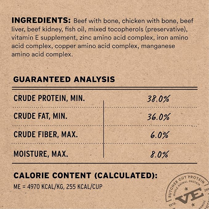 Vital Essentials Freeze Dried Cat Food, Raw Beef & Chicken Crunchy Mini Nibs | Complete Meal or Topper | 96% Beef, Chicken, Organs & Bone | High Protein, Grain Free Dry Cat Food | 8 oz Bag