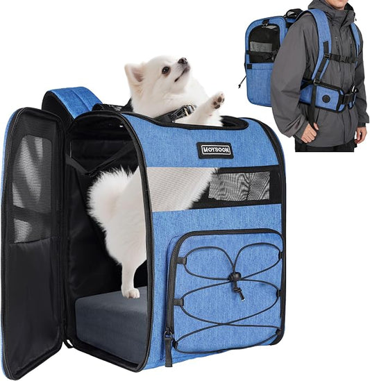 Hiking Dog Carrier Backpack, Padded Height-Enhancing Design, Adjustable Waist Cushioning Belt with Breathable Padded Back Support, Dog Carrier Backpack for Small Dogs Max 13LB Blue with Pad