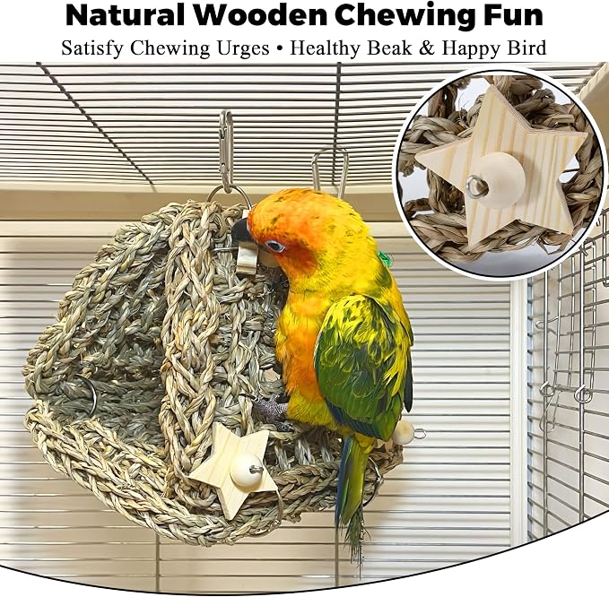 Jevnd 2pcs Bird Spinner Toys & Seagrass Bed Set - Natural Wood Parrot Toys with Bells, Handwoven Nest & Climbing Ladder, Chewable Hammock for Cockatiels, Conures, Lovebirds, Budgies, Quaker