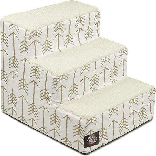 Majestic Pet 3 Step Portable Dog Stairs for Small Dogs to get on Bed Supports 25 lbs or Less – Dog Steps for High Bed with Machine Washable Cover – Pet Stairs for Cats Arrow White/Gold