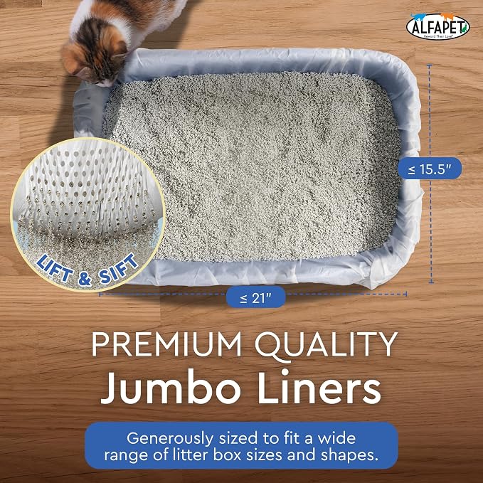Alfapet Sifting Cat Litter Box Liners - Jumbo 30 Count, Pack of 5 - Tear-Resistant Cat Litter Bags, Waterproof Kitty Litter Liners, Fits Litterbox Pan Sizes X-Large, X-Giant, 37" x 18" 30 lb Capacity