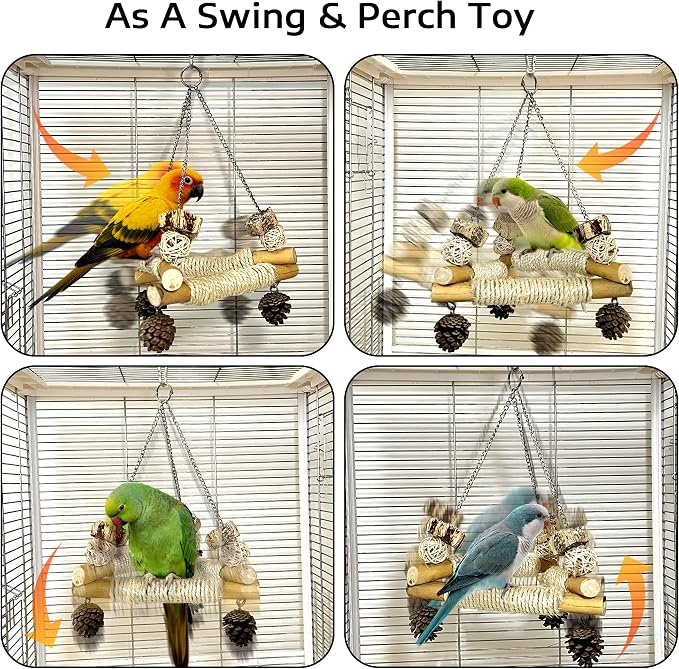 Natural Wood Bird Perch Stand & Large Bird Swing with Chew Toys, Intelligence Puzzle Platform and 3 Sisal-Wrapped Perches for Conure Cockatiel