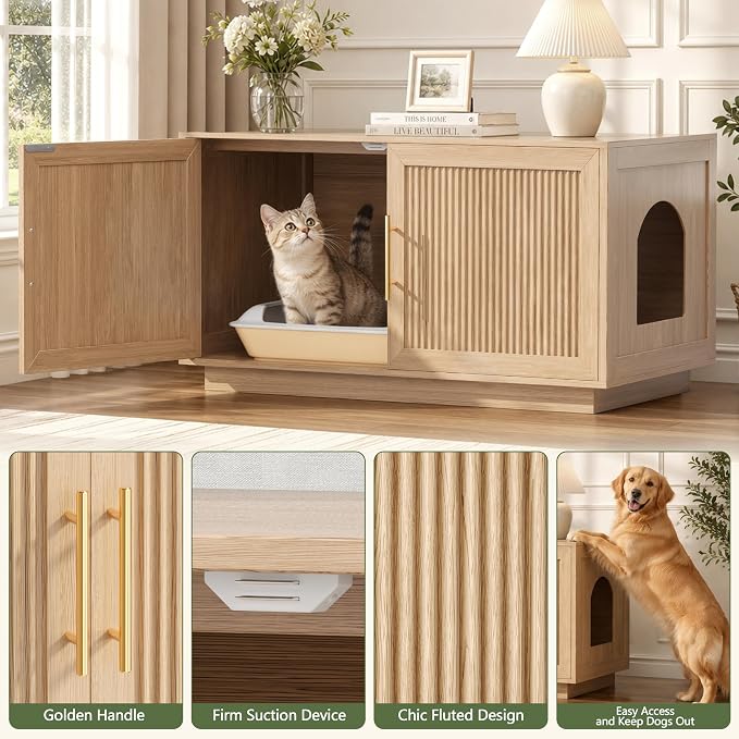 Fluted Cat Litter Box Enclosure, 31.5" Hidden Litter Box Furniture Cabinet with Double Doors, Reversible Entrance Left or Right Side, Indoor Cat House, Modern End Table for Living Room, Oak