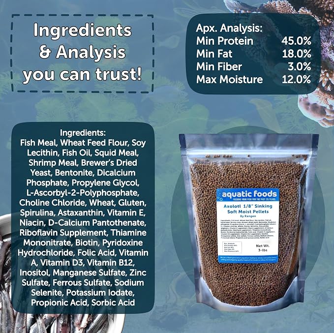 1/8" Sinking Axolotl Salmon Pellets, Soft Moist Pellets for Axolotls, Shrimp, Cichlids, Koi & Pond Fish, All Tropical Fish...1/2-lb