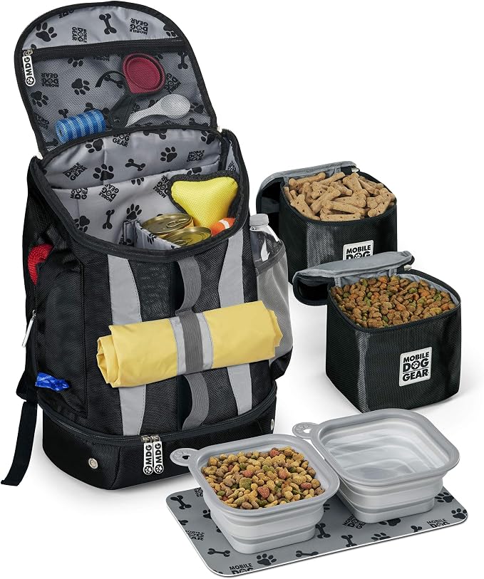 Mobile Dog Gear, Dog Travel Bag, Drop Bottom Week Away Backpack for Medium and Large Dogs, Includes 2 Lined Food Carriers and 2 Collapsible Dog Bowls, Black