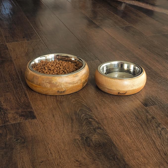 Fuzzl Titan Mango Wood & Stainless Steel Bowl 9.5 Inch Large - Natural Dog Bowl for Indoors and Outdoors with Rubber Base