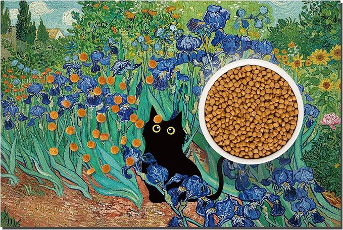 Black Cat Pet Feeding Mat, Absorbent Dog/Cat Food Mat for Food and Water Bowl, Non-Slip Quick Dry Pet Placemat Floor Protector for Messy Drinkers(16 x 24 in)