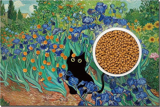 Black Cat Pet Feeding Mat, Absorbent Dog/Cat Food Mat for Food and Water Bowl, Non-Slip Quick Dry Pet Placemat Floor Protector for Messy Drinkers(16 x 24 in)