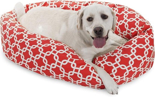 Majestic Pet 40 Inch Links Sherpa Calming Dog Bed Washable – Cozy Soft Round Dog Bed with Spine for Head Support - Fluffy Donut Dog Bed 40x29x9 (inch) – Round Pet Bed Large - RED