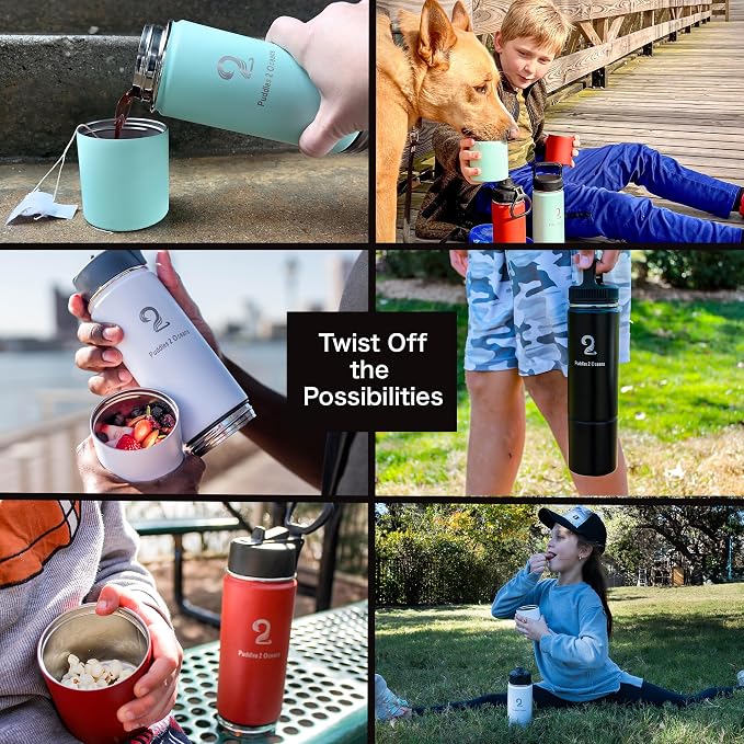 Insulated Water Bottle & Snack Container - Stainless Steel Water Bottle with Storage Compartment, 3 Lid Types BPA Free, Leak & Spill Proof Travel Bottle for Kids & Adults - Snack and Drink Cup