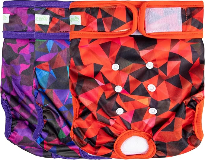 wegreeco Washable Female Dog Diapers Highly Absorbent Reusable Diapers for Dog in Heat Period, 3 Pack (Abstract Geometrical Purple, Small)
