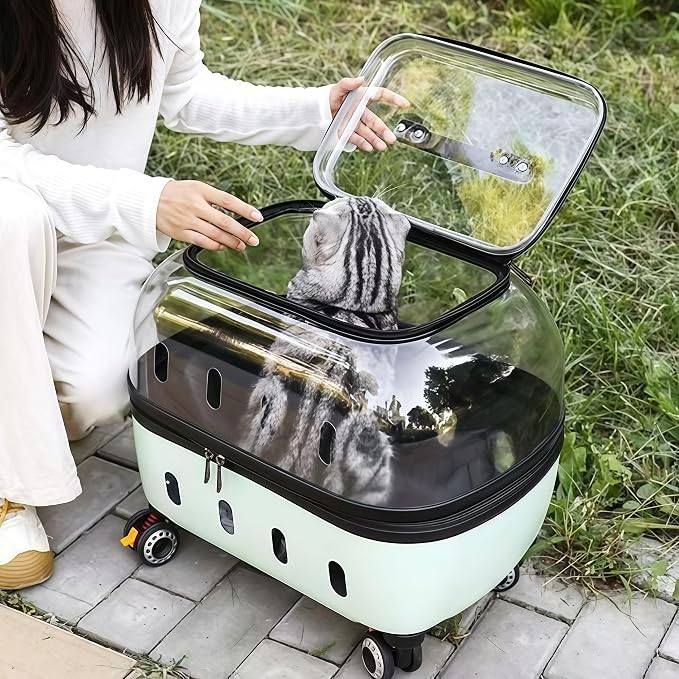 Compact Pets Carrier with Wheels 360° Castors Pet Suitcase Fits up to 48 lbs Cats or Small Dogs, External Single Pole Handle, Portable and Breathable for Trips (White)