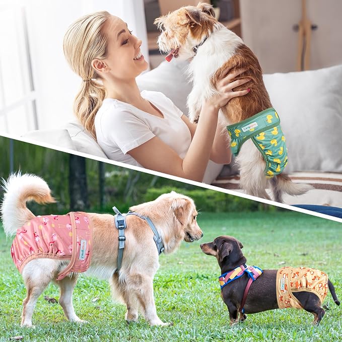Langsprit Washable Female Dog Diapers - Doggie Reusable Diapers for Doggy Puppy Female in Period - Highly Absorbent Dog Heat Panties (Flamingo Dog Duck) XXL