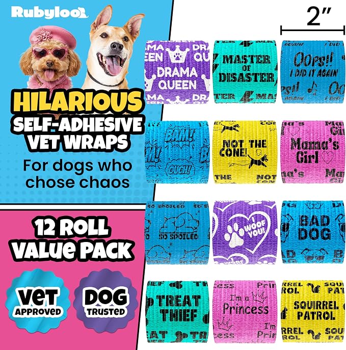 Rubyloo Vet Approved Travel Pet First Aid Kit Supplies to Treat Dogs & Cats in an Emergency with 12 Pack of 2 Funny Vet Wrap Bandages for Hiking, Camping & Backpacking