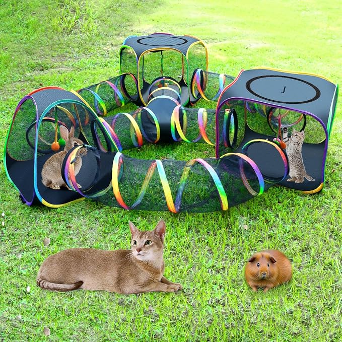 CypherX Outdoor Rainbow Cat Enclosure, 7 in 1 Portable Cat Tents for Outside Cage Free Outside Pop up Pet Enclosure Cat Tunnel Outdoor Playground for Indoor Cats and Small Animals
