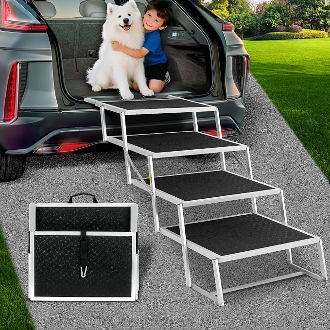 Dog Stairs for Car,Extra Wide Dog Stairs for Large Dogs,Foldable Dog Ramp for Car, Pet Steps Light Weight Aluminum,High Beds,for SUV Trucks, Supports up to 200 lbs (for The Trunk of The Car Only)