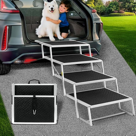 Dog Stairs for Car,Extra Wide Dog Stairs for Large Dogs,Foldable Dog Ramp for Car, Pet Steps Light Weight Aluminum,High Beds,for SUV Trucks, Supports up to 200 lbs (for The Trunk of The Car Only)