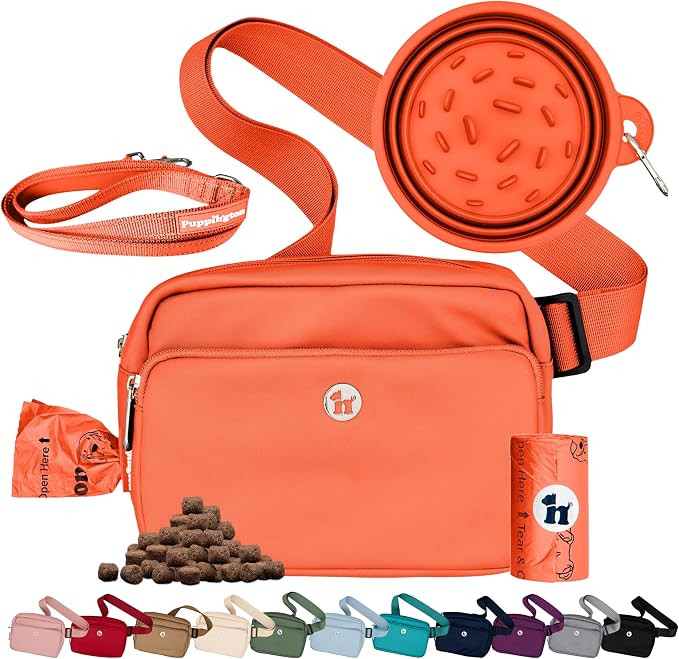Puppington 3-in-1 Crossbody Dog Treat Pouch for Pet Training - Compostable Poop Bags, Built-In Poop Bag Dispenser, Slow-Feeding Travel Dog Bowl & Reflective Leash - Dog Walking Bag (Poppy Orange)