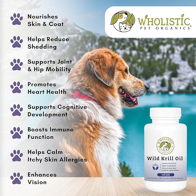 Wholistic Pet Organics Krill Oil for Dogs and Cats - Premium Antioxidant Support for Pets - Cat and Dog Skin and Coat Supplement with EPA, DHA, Astaxanthin - Omega 3 for Dogs and Cats - 60 Soft Gels