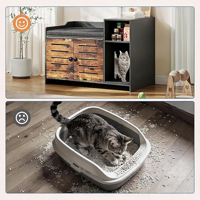 Hidden Cat Litter Box Enclosure Cabinet with Mark Pad – Farmhouse Indoor Cat House Furniture, Storage Shelf, Odor Control – Discreet Kitty Litter Box for Hallway or Bedroom, Black and Brown