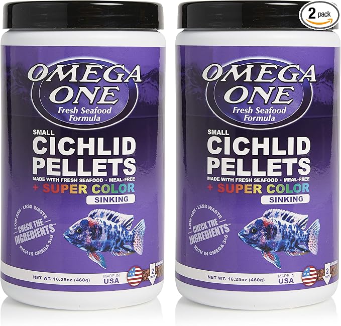 Omega One Super Color Sinking Cichlid Pellets, 2mm Small Pellets, 16.25 oz, Pack of 2