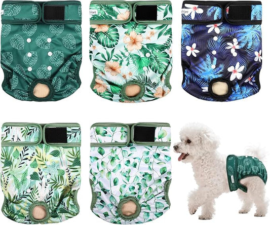 Dog Diapers Female 5pcs,Reusable Dog Doggie Puppy Doggy Diapers Female, Period Panties in Heat, Leaf, Large