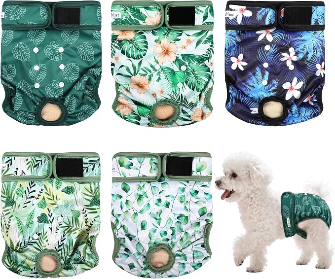 Dog Diapers Female 5pcs,Reusable Dog Doggie Puppy Doggy Diapers Female, Period Panties in Heat, Leaf, Small