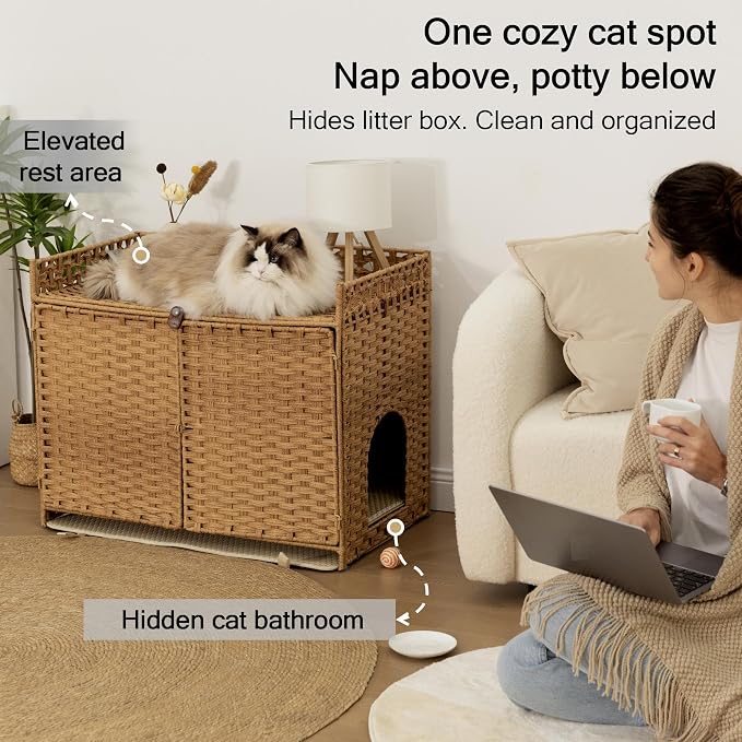 Furriends Cat Litter Box Enclosure with 2 Mats, Handwoven Rattan Hidden Litter Box Furniture Large 30.3”L x 18.2”W x 24.2”H, Double as Indoor Cat House or Side Table for Living Room Hallway, Tan