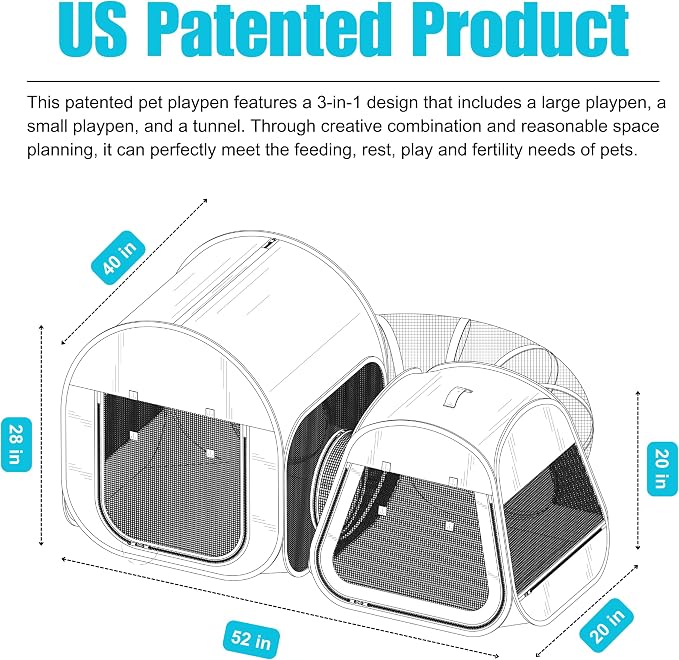 Portable 3-in-1 Cat Playpen, Outdoor Pop-up 2-Room Pet Playpen with Tunnel, Foldable Cat Dog Crate Play Enclosure with Separate Areas for Puppy Kitten and Small Animals Indoor Travel